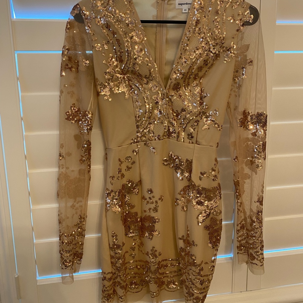 Rose gold sequins and nude long sleeve mini dress